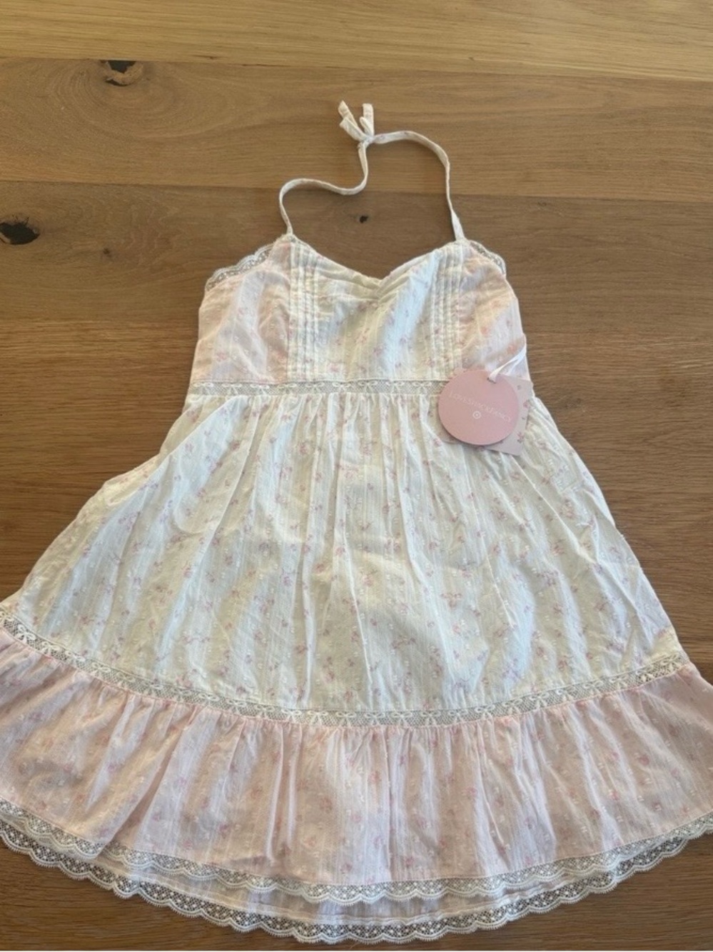 LoveShackFancy Cream and Light Pink Floral Halter Sundress